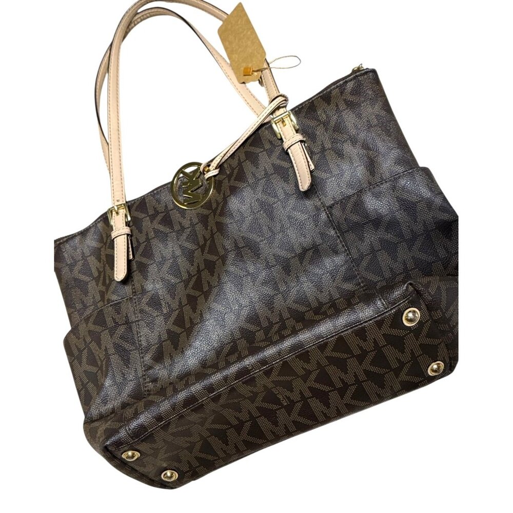 Michael Kors Signature Brown Tote Bag With Beige Handles & Gold Hardware‎